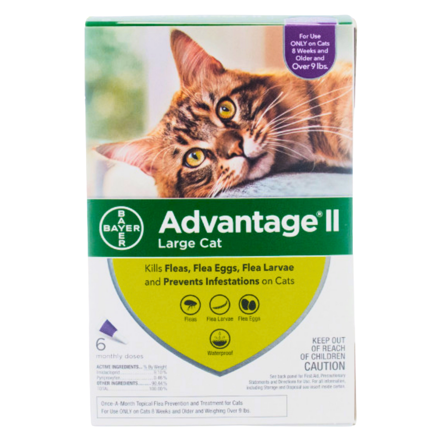 Advantage™ II for Cats,"Front of box with cat photo and yellow shield graphic"