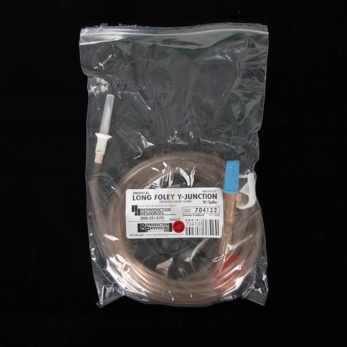 Long Foley Y-Junction w/spike,"Coiled clear tubing set in sealed bag with blue cap and white spike"