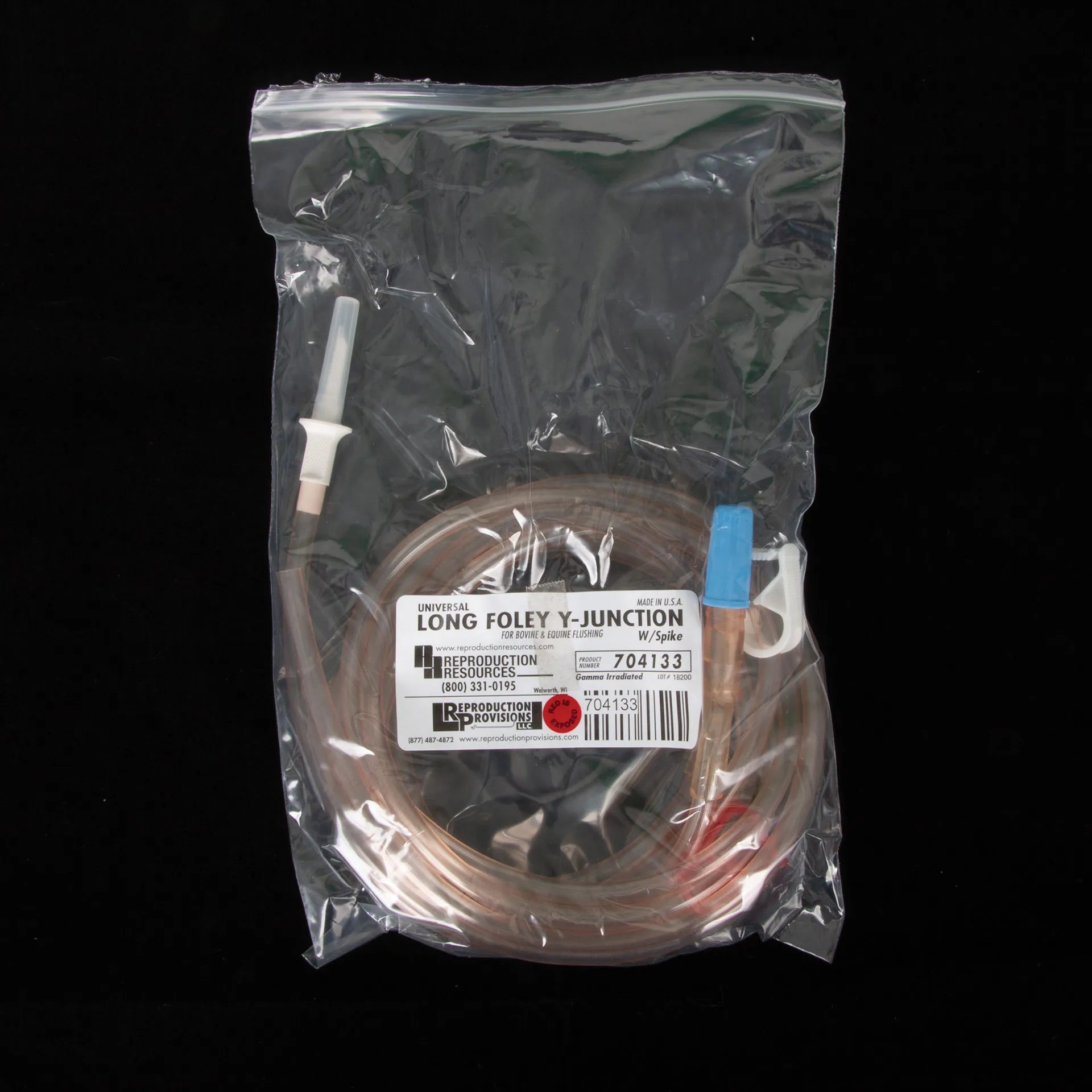Long Foley Y-Junction w/spike,"Coiled clear tubing set in sealed bag with blue cap and white spike"