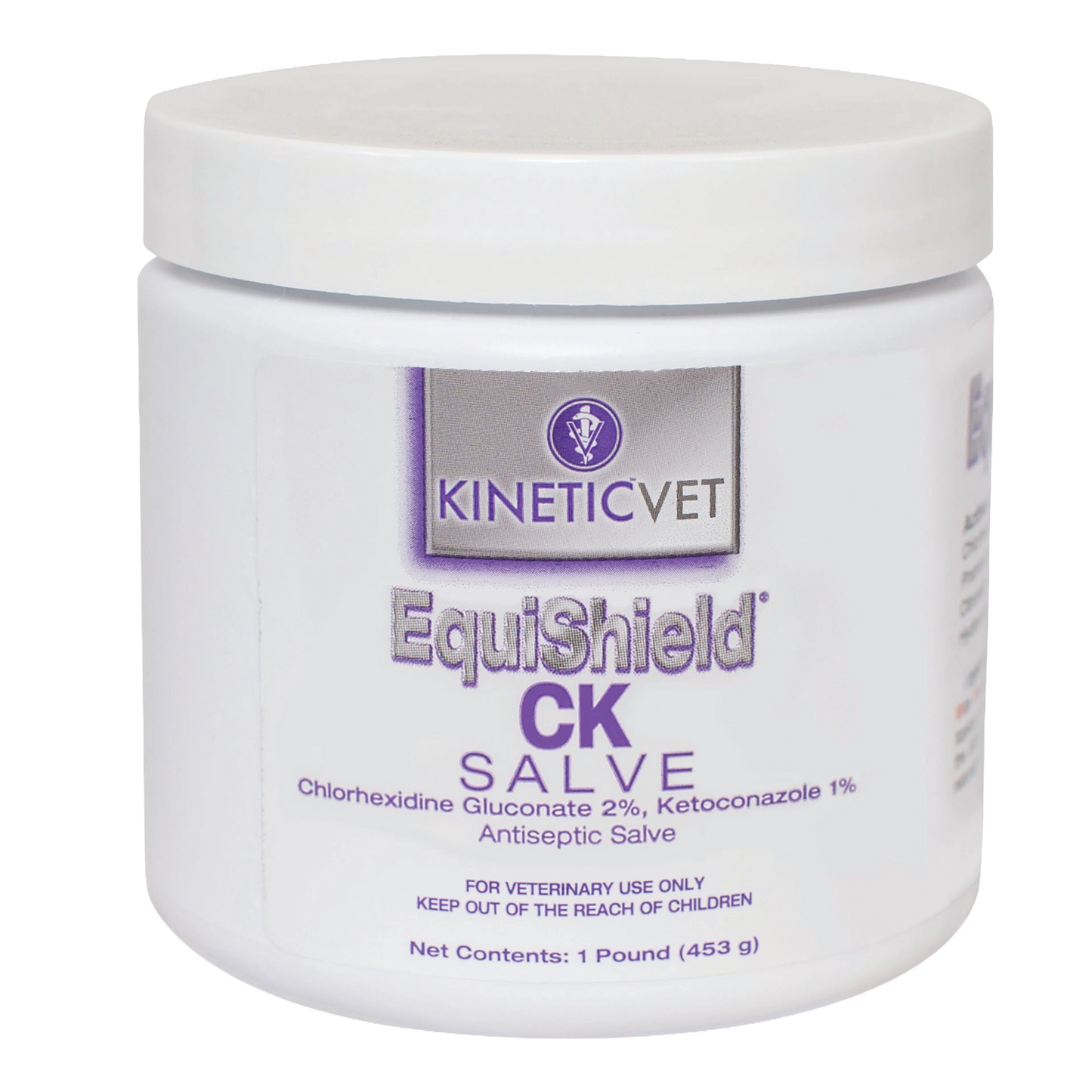 EquiShield® CK Salve (Chlorhexidine, Ketoconazole),"White plastic jar with screw-top lid, front label view"