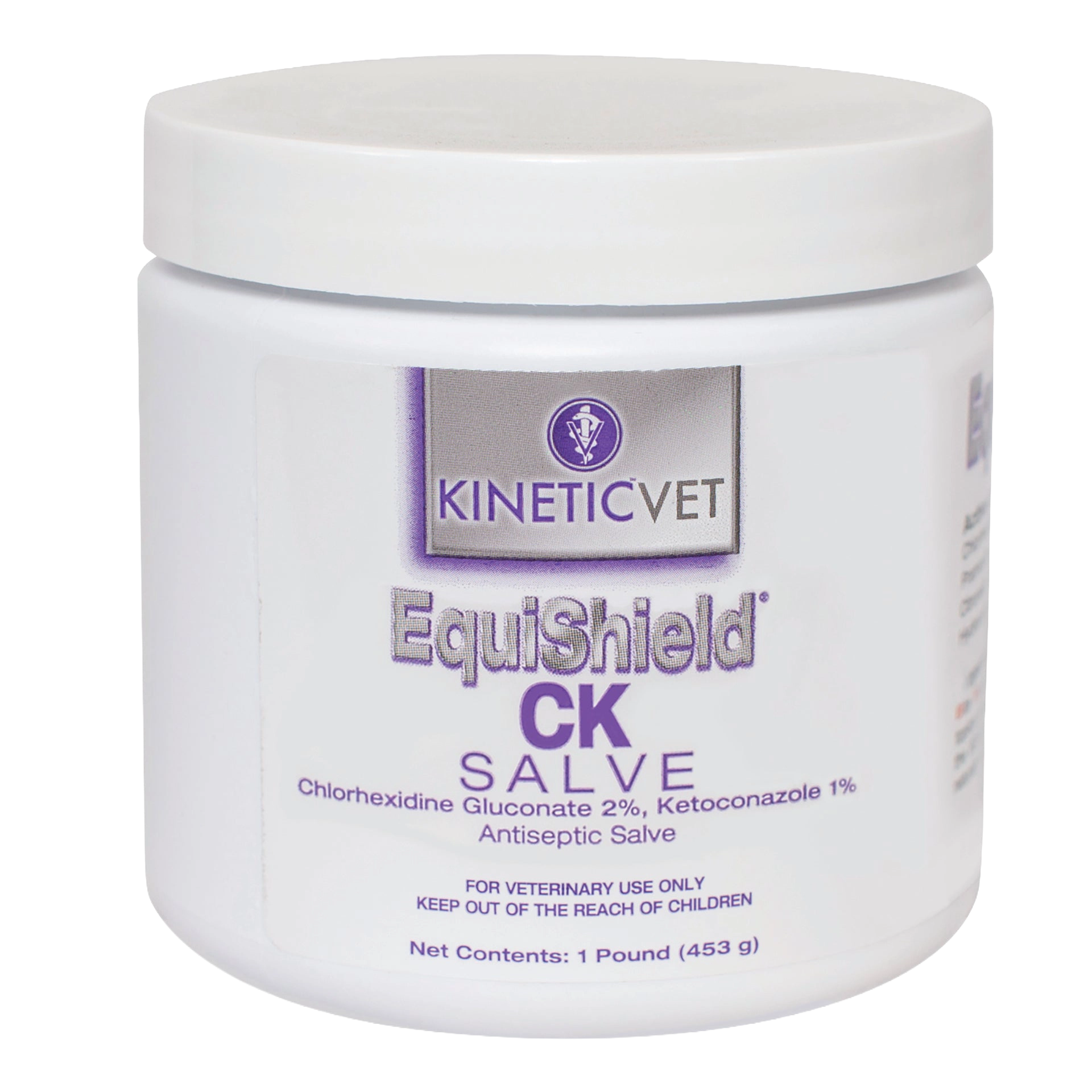 EquiShield® CK Salve (Chlorhexidine, Ketoconazole),"White plastic jar with screw-top lid, front label view"