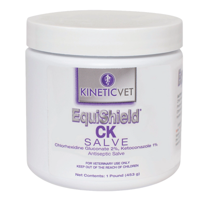 EquiShield® CK Salve (Chlorhexidine, Ketoconazole),"White plastic jar with screw-top lid, front label view"