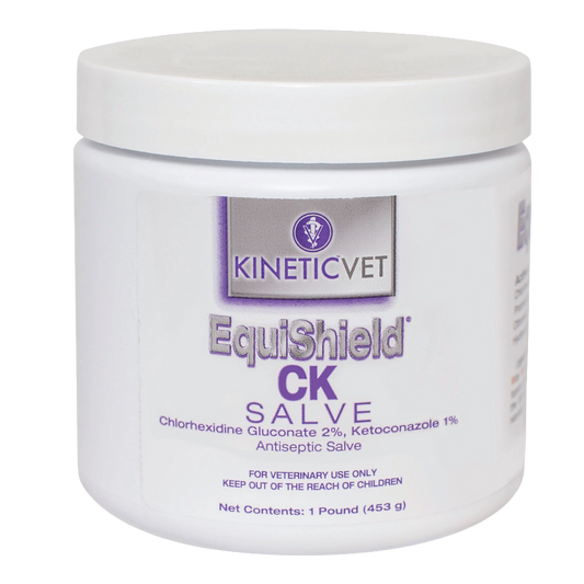 EquiShield® CK Salve (Chlorhexidine, Ketoconazole),"White plastic jar with screw-top lid, front label view"