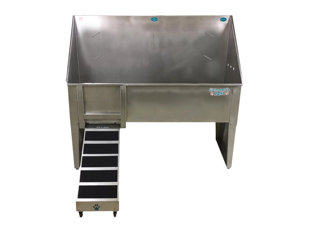 Walk-Through Bathing Tub with Lift & Slide Ramp,"Stainless steel tub with slide-out ramp and black tread steps"