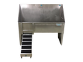 Walk-Through Bathing Tub with Lift & Slide Ramp,"Stainless steel tub with slide-out ramp and black tread steps"