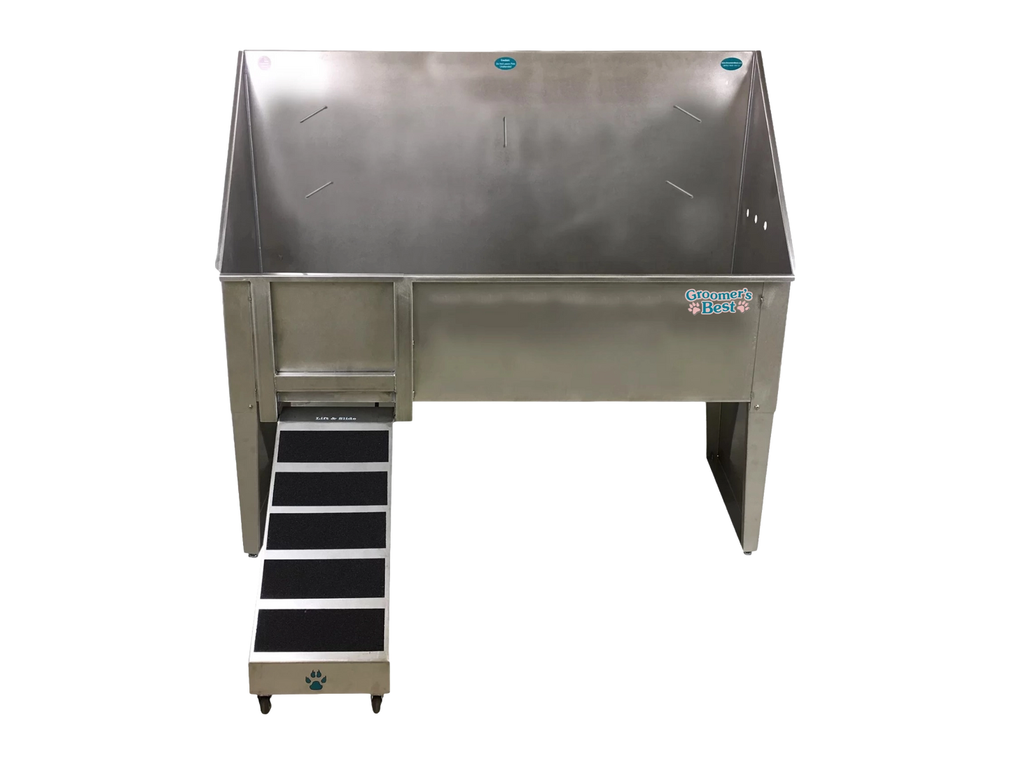 Walk-Through Bathing Tub with Lift & Slide Ramp,"Stainless steel tub with slide-out ramp and black tread steps"