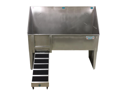 Walk-Through Bathing Tub with Lift & Slide Ramp,"Stainless steel tub with slide-out ramp and black tread steps"