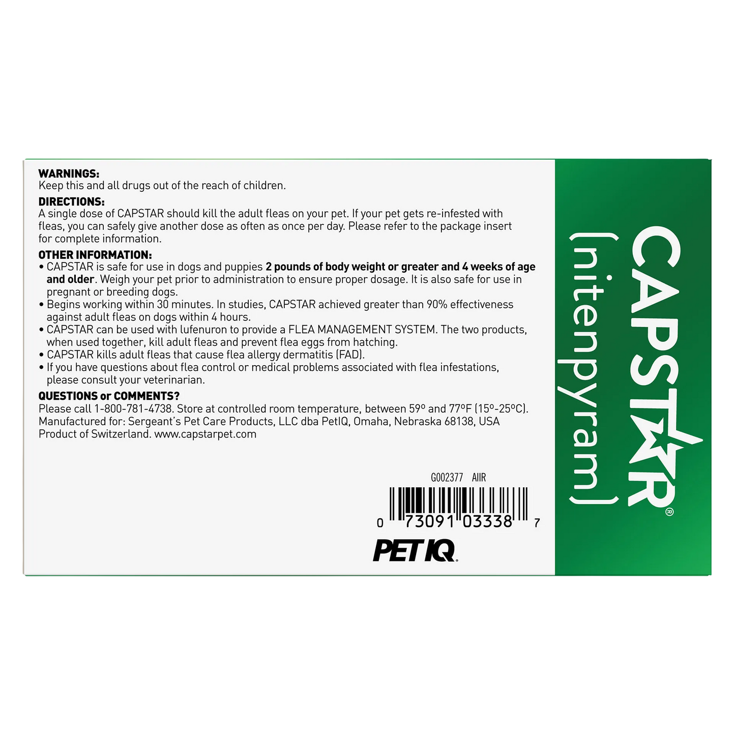 Capstar™,"Back of product box with directions panel and barcode"