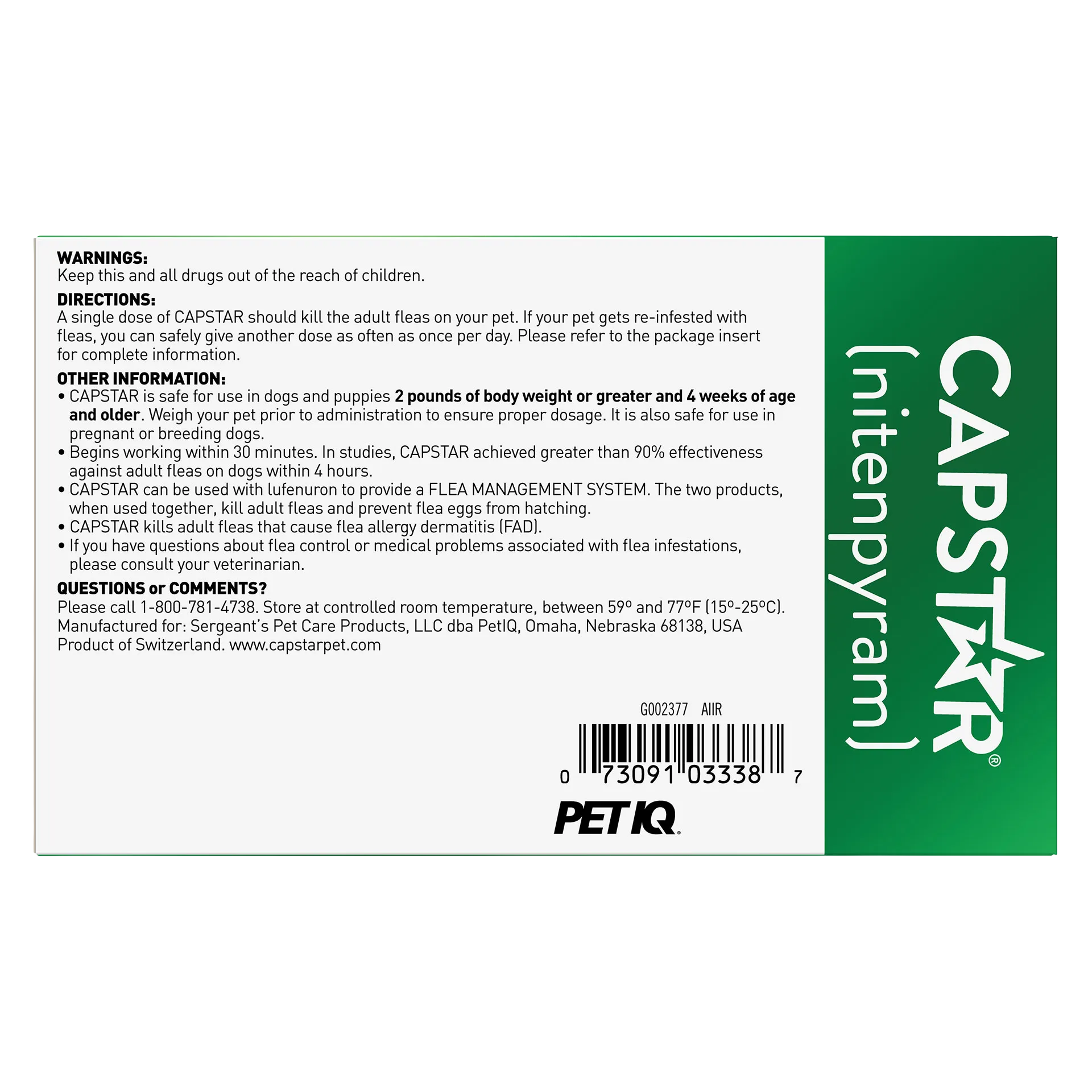 Capstar™,"Back of product box with directions panel and barcode"