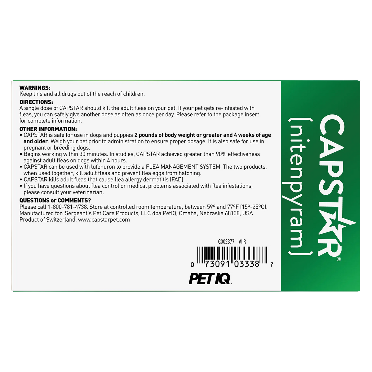 Capstar™,"Back of product box with directions panel and barcode"