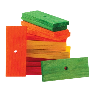 Wood Blocks and Slats,"Stack of colorful wooden slats with drilled holes"