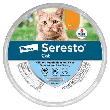 Seresto® Flea & Tick Collars for Cats & Dogs,"Round flea collar package with orange cat photo"