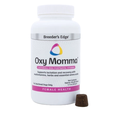 Breeder's Edge® Oxy Momma®,"White supplement bottle with one brown chew beside it"