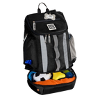 Drop Bottom Week Away Backpack,"Black backpack with open bottom compartment holding clothing"