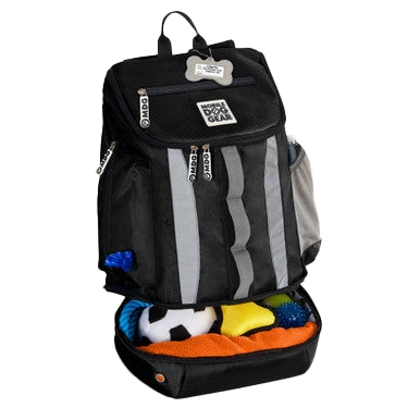 Drop Bottom Week Away Backpack,"Black backpack with open bottom compartment holding clothing"