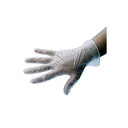 Safe Touch Vinyl Gloves,"Hand wearing clear disposable glove"