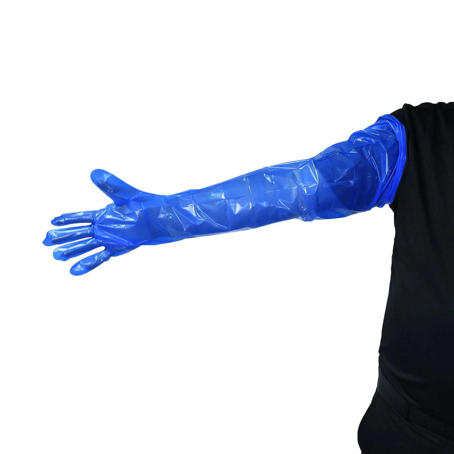 Super Dex Sterile,"Blue shoulder-length glove worn on arm"