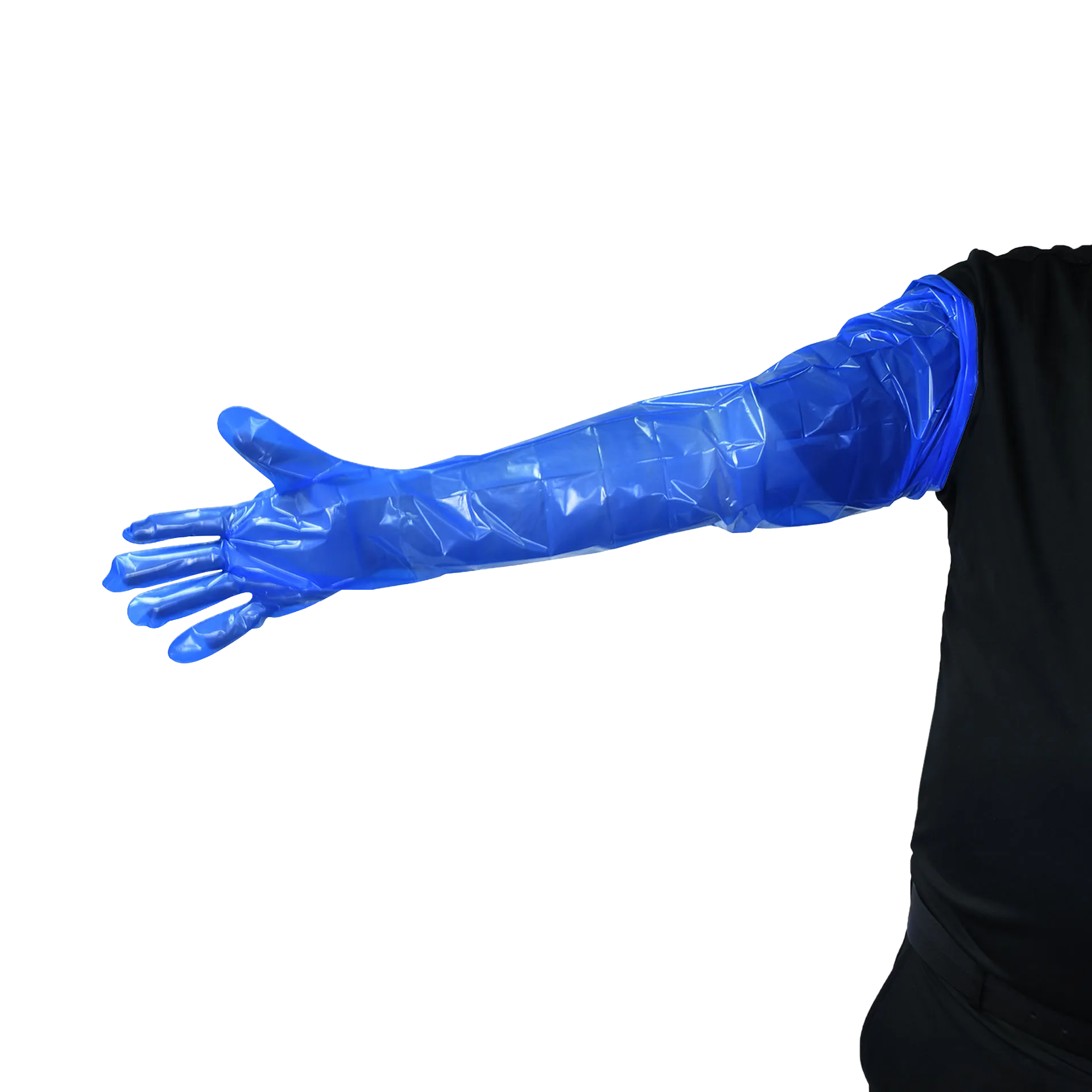 Super Dex Sterile,"Blue shoulder-length glove worn on arm"