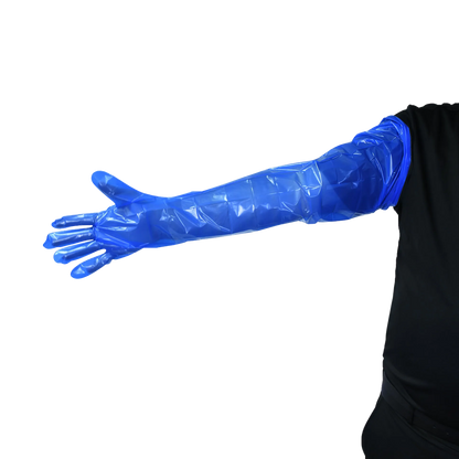 Super Dex Sterile,"Blue shoulder-length glove worn on arm"