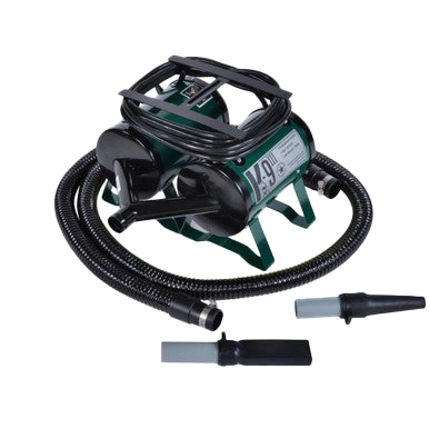 K-9 III Dog Dryer With FREE Water Peeler,"Green dog dryer with hose and two nozzle attachments"