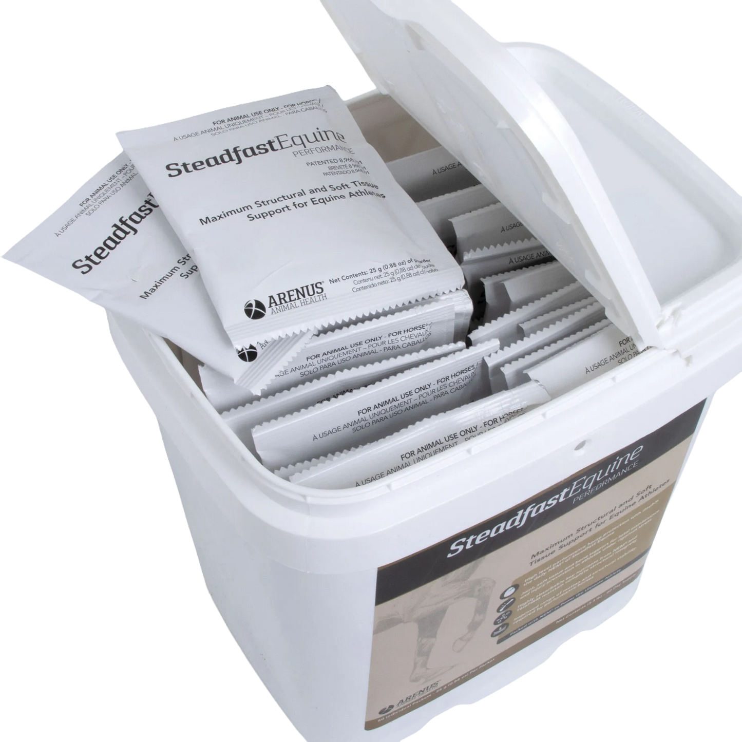 Steadfast® Equine Performance,"Open white tub with individual foil packets"