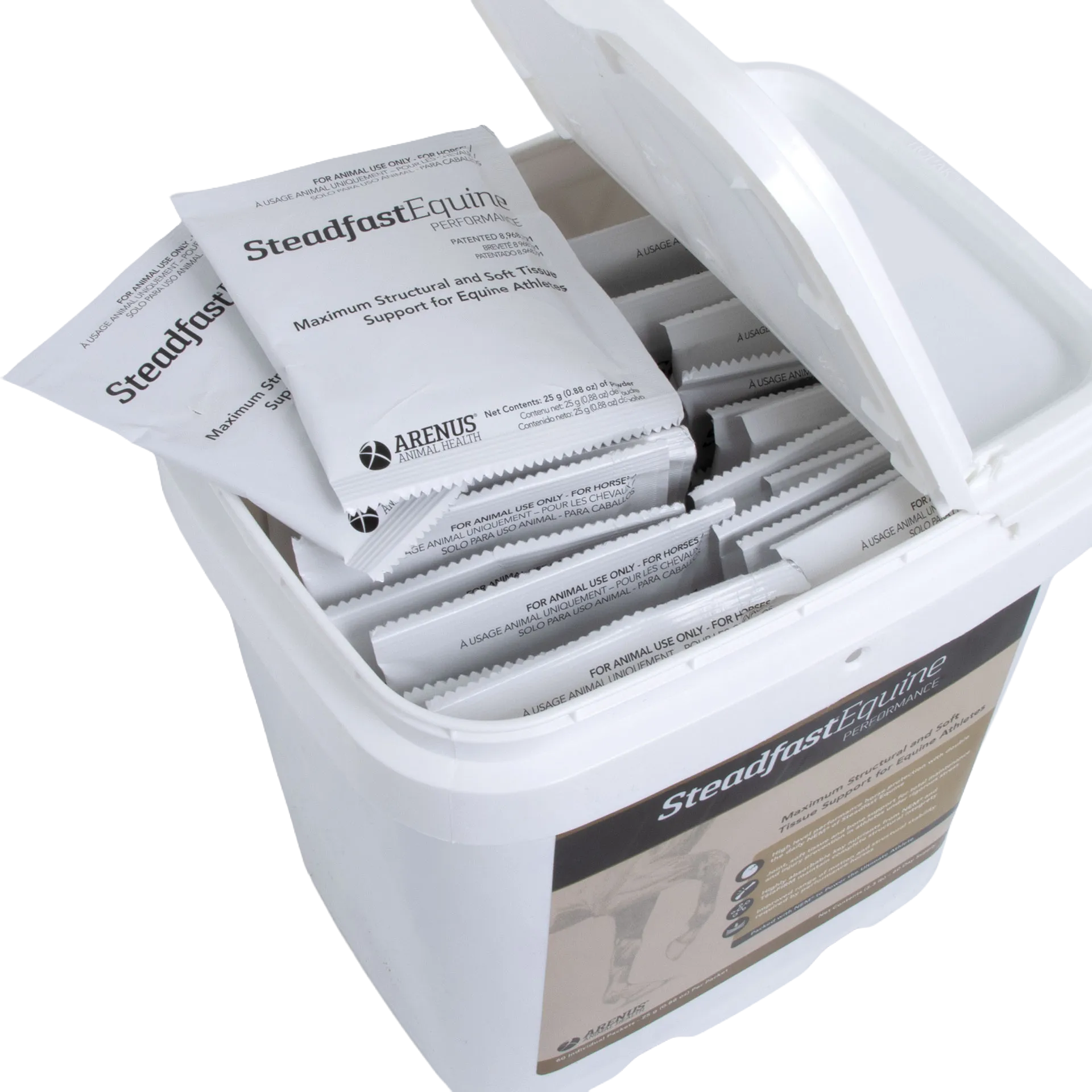 Steadfast® Equine Performance,"Open white tub with individual foil packets"
