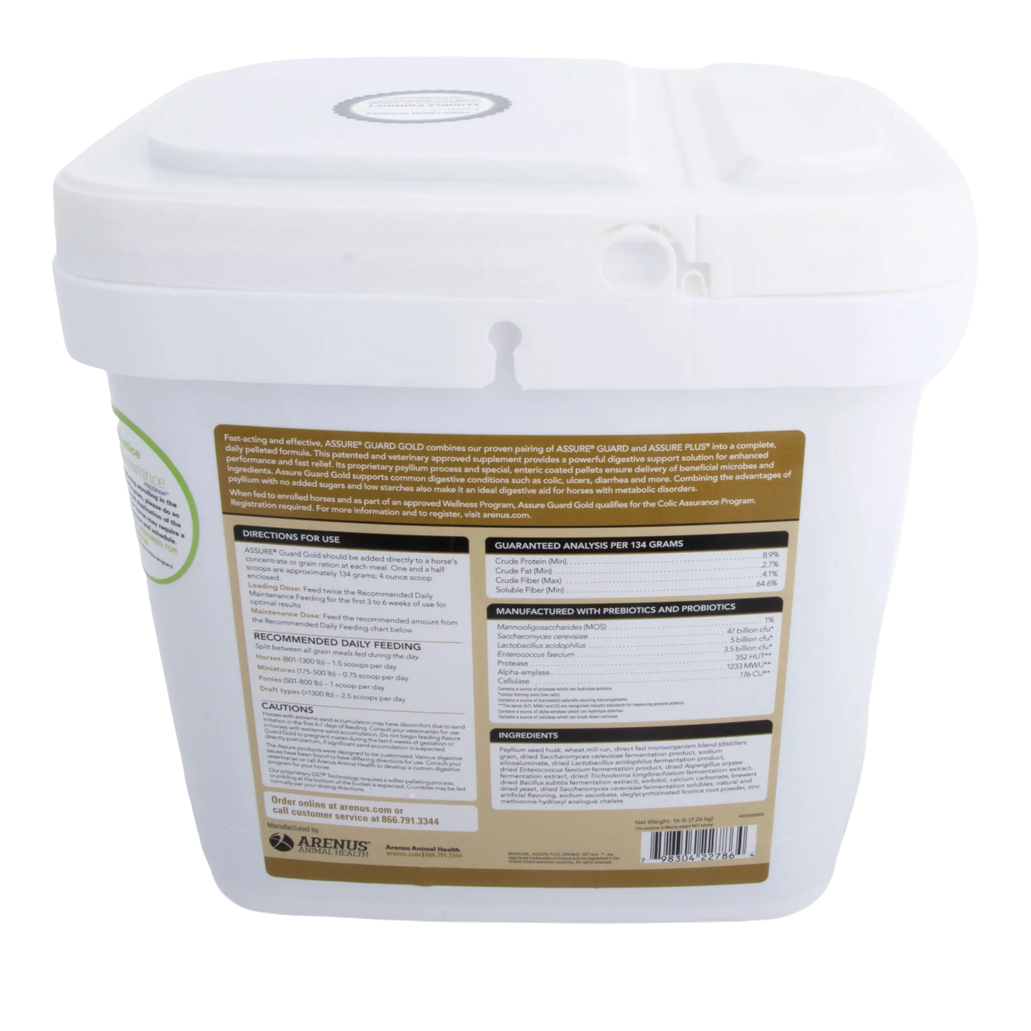 Assure® Guard Gold,"White plastic bucket with hinged lid and back label"