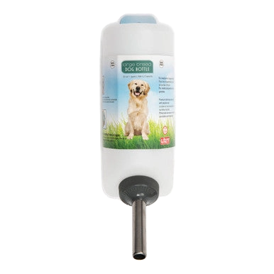 Lixit® Dog Waterer,"White hanging water bottle with metal drinking tube"
