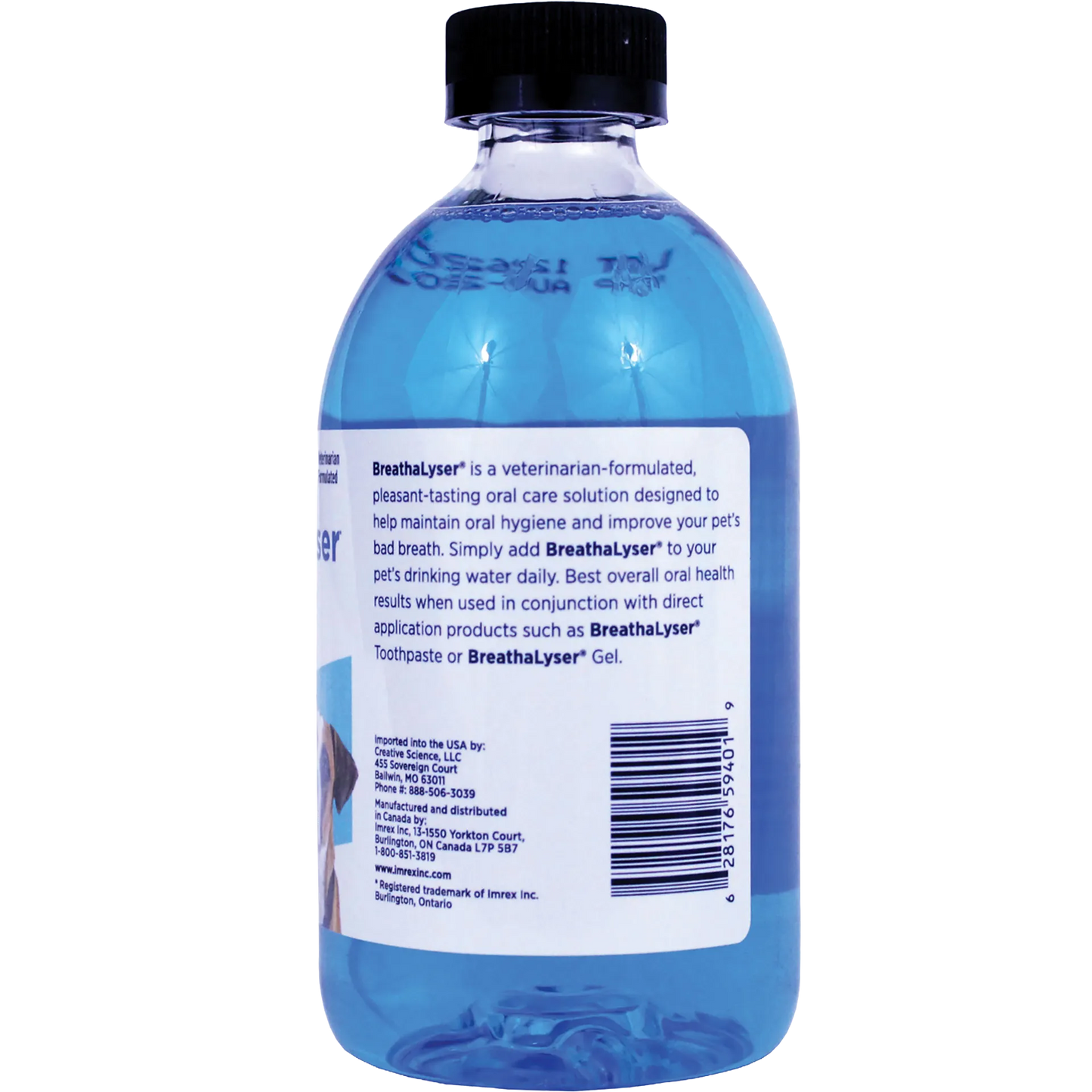 Breathalyser® Drinking Water Additive for Dogs and Cats,"Blue bottle with black cap and back label"