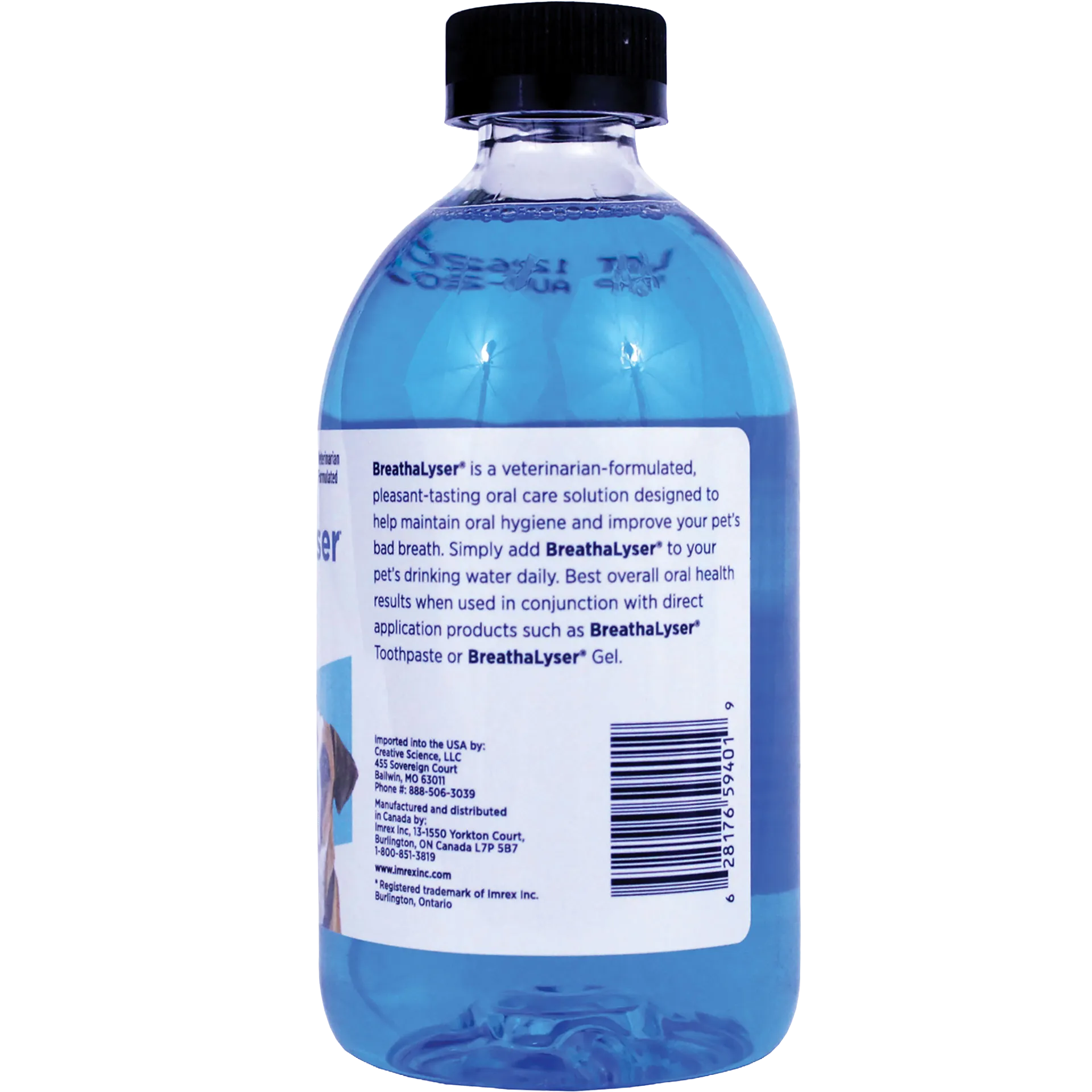 Breathalyser® Drinking Water Additive for Dogs and Cats,"Blue bottle with black cap and back label"