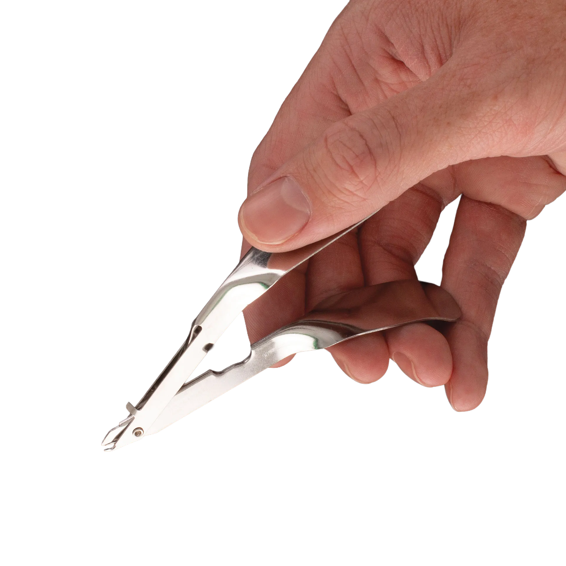Skin Stapler,"Metal stapler held in hand, close-up view"