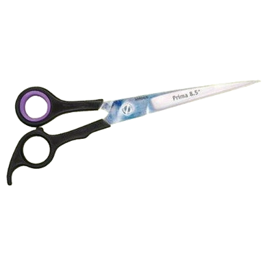 "Aaronco Prima 8.5"" Straight Scissor","Straight grooming scissor with black handles and purple finger rings"
