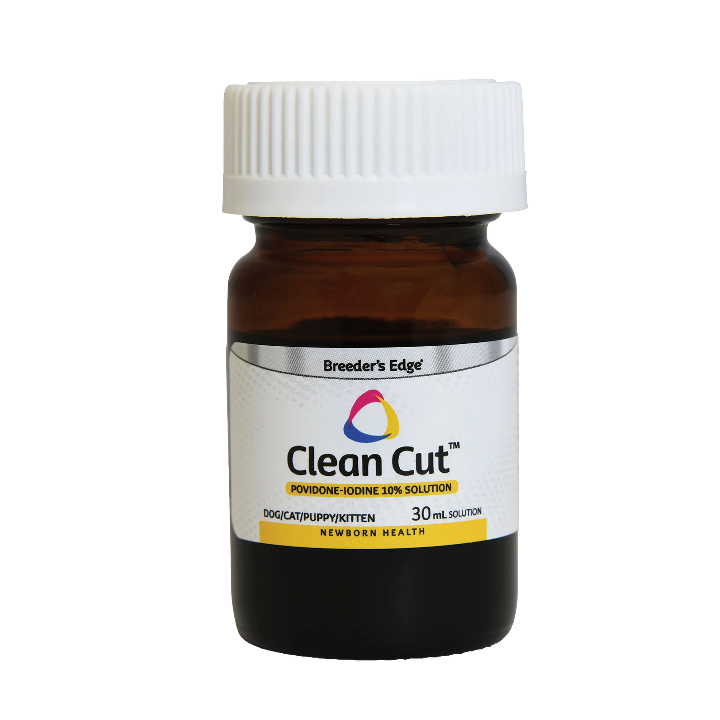 Breeder's Edge® Clean Cut™ Iodine,"Amber bottle with white ribbed cap and front label"