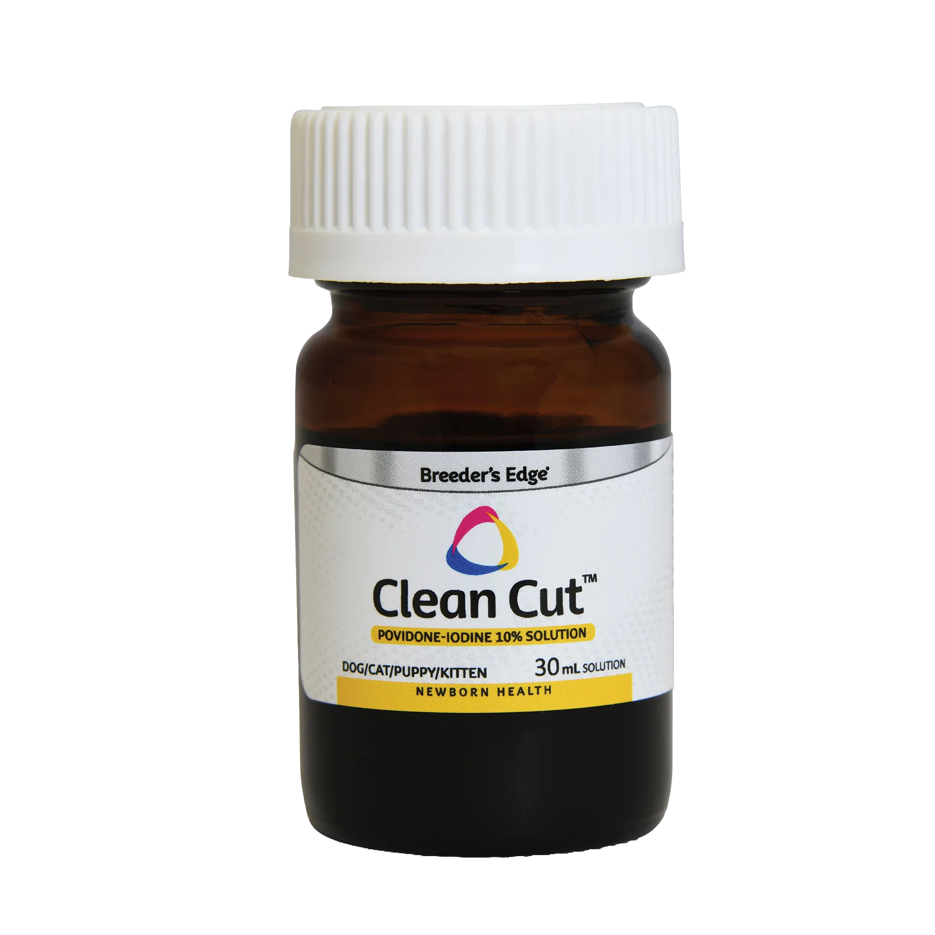 Breeder's Edge® Clean Cut™ Iodine,"Amber bottle with white ribbed cap and front label"