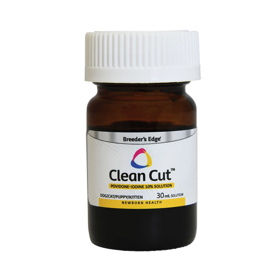 Breeder's Edge® Clean Cut™ Iodine,"Amber bottle with white ribbed cap and front label"