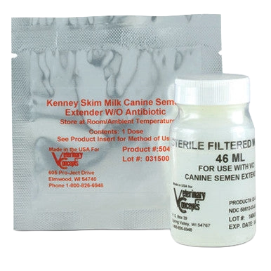 Kenney Skim Milk Canine Semen Extender Kit,"Foil pouch with white bottle and ribbed cap"