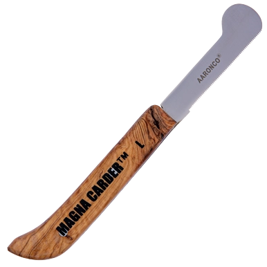 Aaronco Magna Carder Stripping Knife,"Woodgrain-handled stripping knife with rounded metal blade"