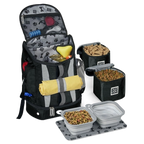 Drop Bottom Week Away Backpack,"Open backpack with pet bowls, treat containers, and rolled mat"