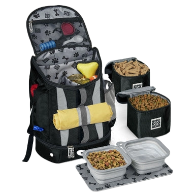 Drop Bottom Week Away Backpack,"Open backpack with pet bowls, treat containers, and rolled mat"