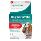 Dog Worm Tabs,"Front view of chewable tablet box with hanging tab and dog photo"