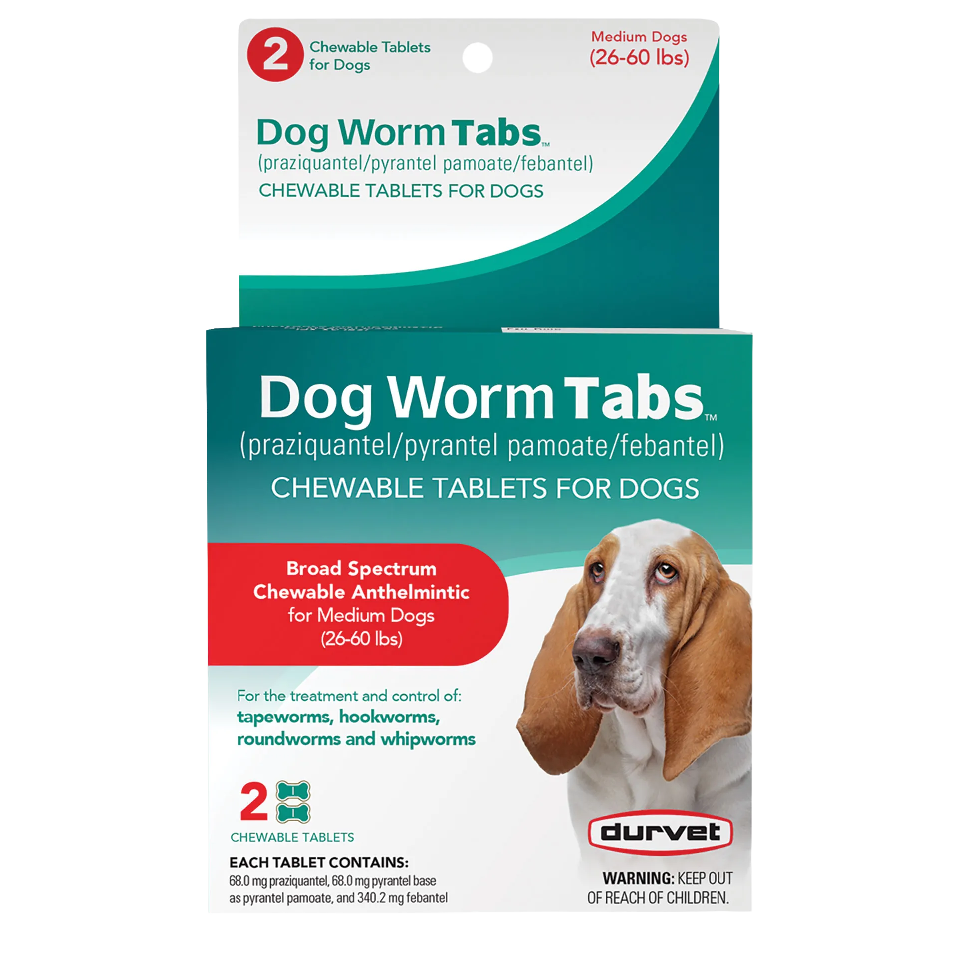 Dog Worm Tabs,"Front view of chewable tablet box with hanging tab and dog photo"