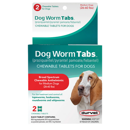 Dog Worm Tabs,"Front view of chewable tablet box with hanging tab and dog photo"