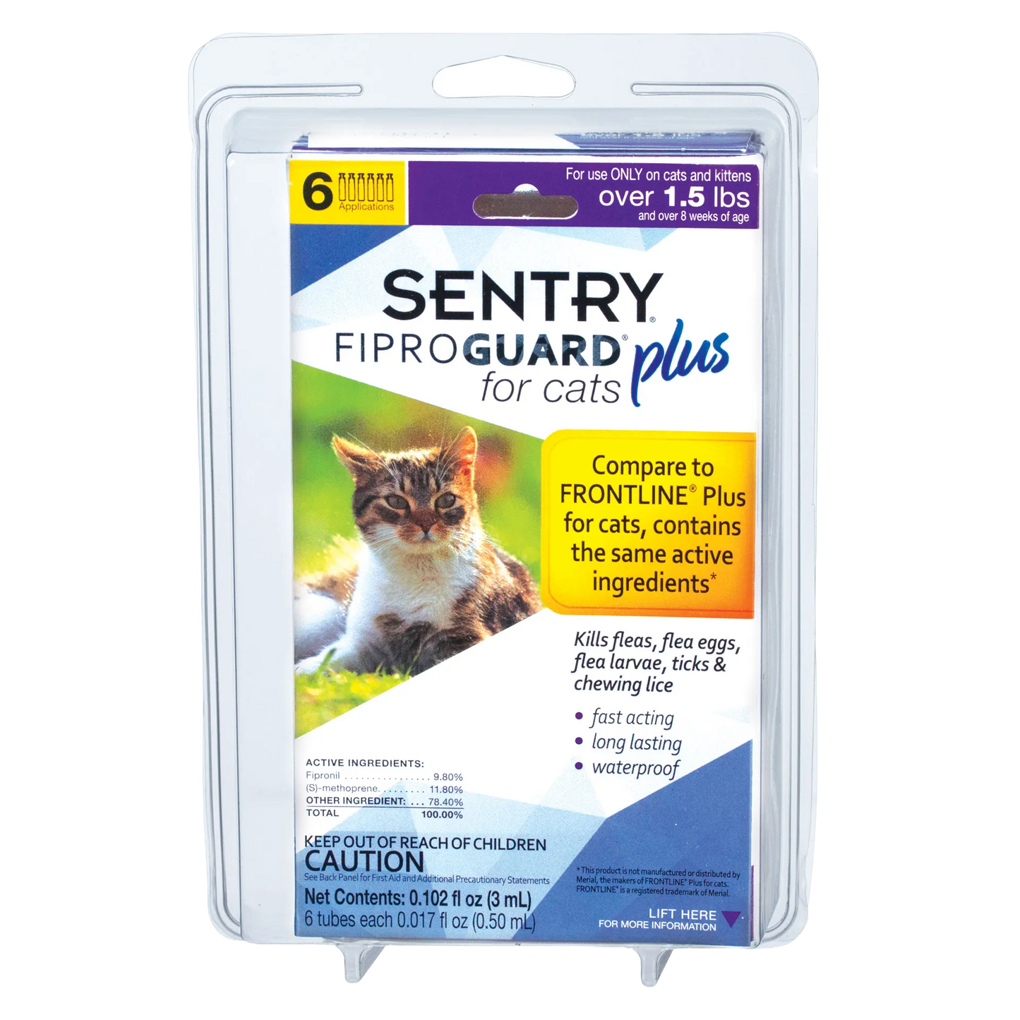Sentry® Fiproguard® Plus for Cats,"Front blister pack with cat image and 6 application count"