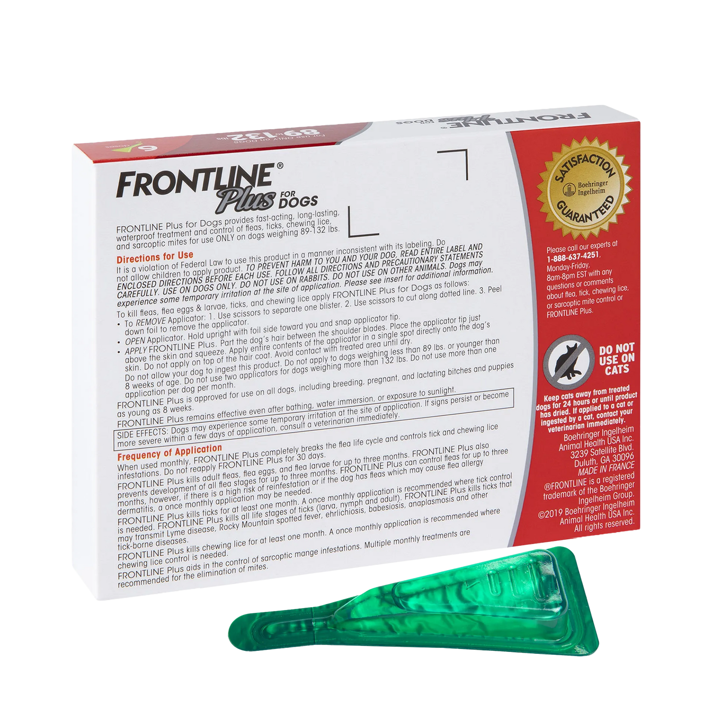 Frontline® Plus for Dogs,"Back of box with green applicator blister pack"