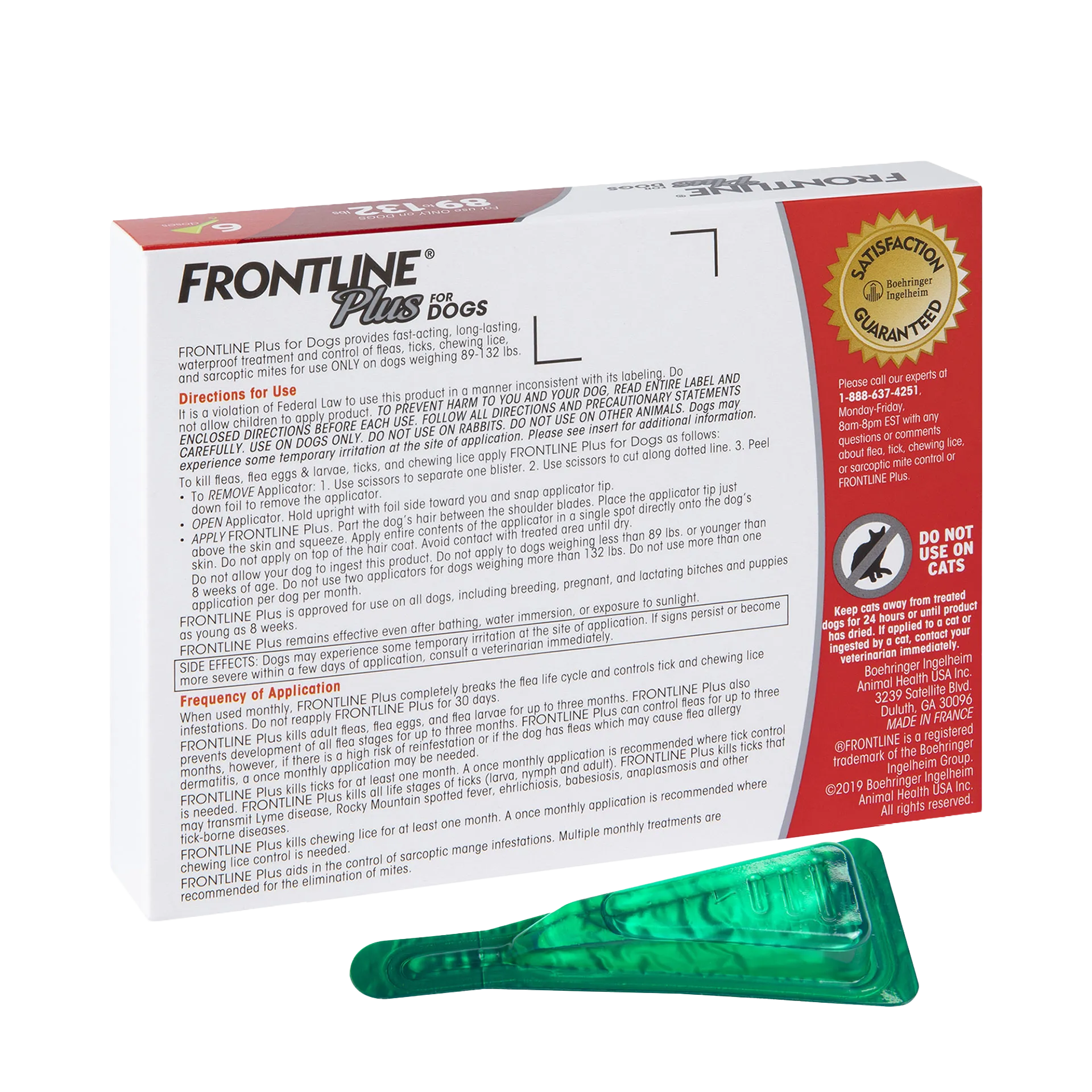 Frontline® Plus for Dogs,"Back of box with green applicator blister pack"