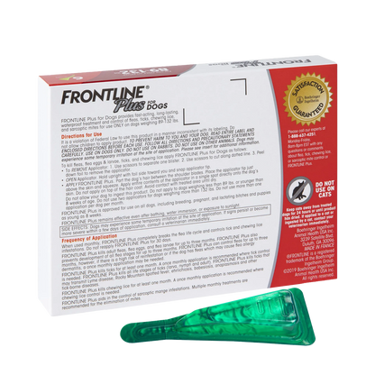 Frontline® Plus for Dogs,"Back of box with green applicator blister pack"