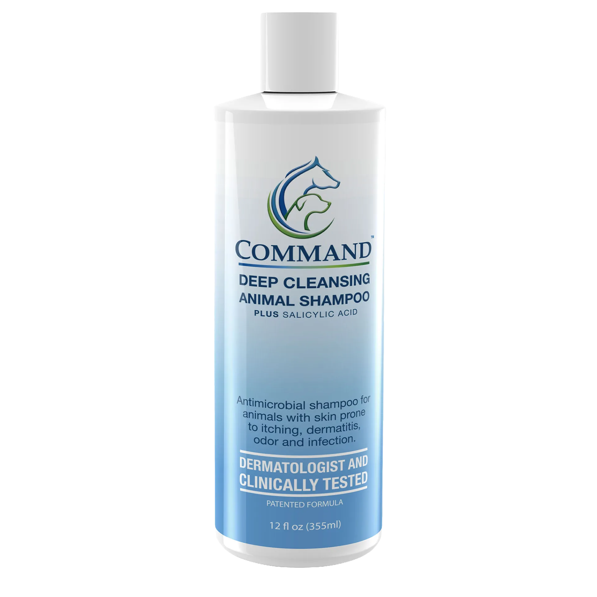 Command™ Shampoo,"White bottle with blue label and white cap"