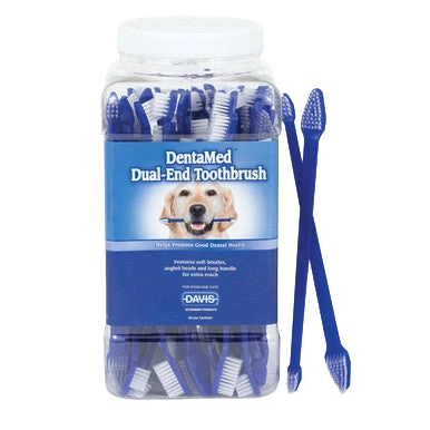 DentaMed™ Dual-End Toothbrush,"Clear jar of blue dual-end toothbrushes with two brushes beside it"