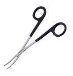 Aaronco 5.5"" Hairmostat Ear Hair Puller and Tick Remover","Silver forceps with black loop handles and curved serrated tips"