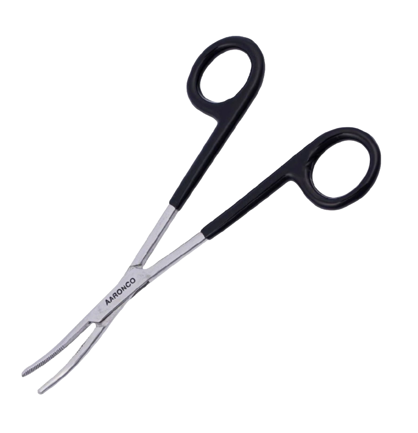 Aaronco 5.5"" Hairmostat Ear Hair Puller and Tick Remover","Silver forceps with black loop handles and curved serrated tips"